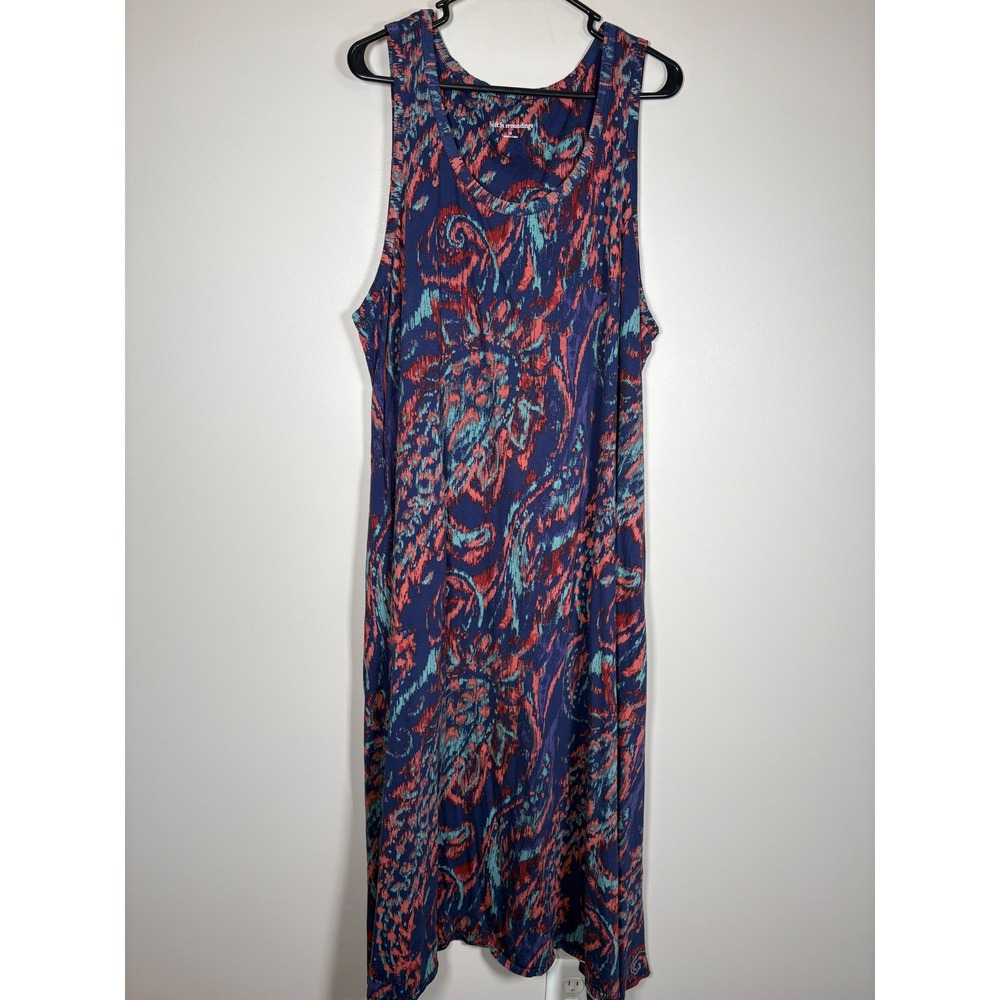 Soft Surroundings 3X Paisley Ikat Sleeveless Midi Dress Blue Coral Pockets 5FU55